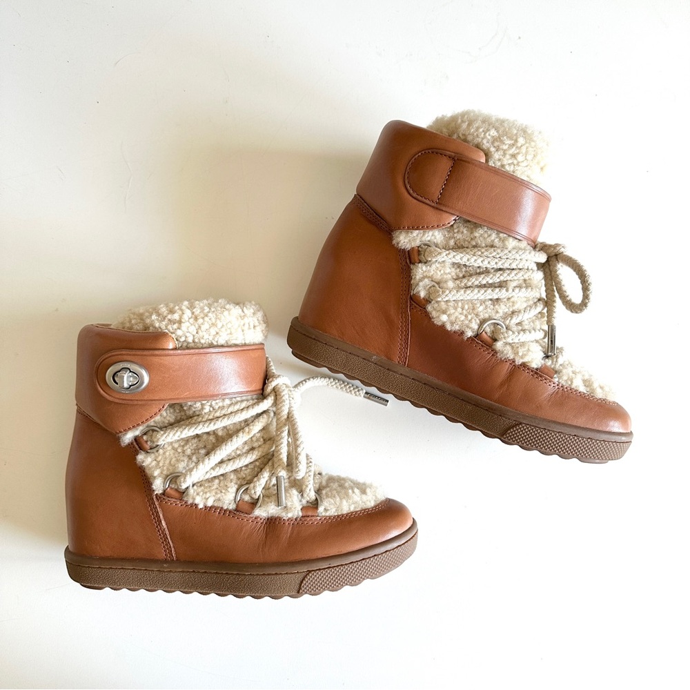 Coach Monroe Tan Leather Shearling Fur Wedge Boots Women's 6.5 US 36.5 Euro